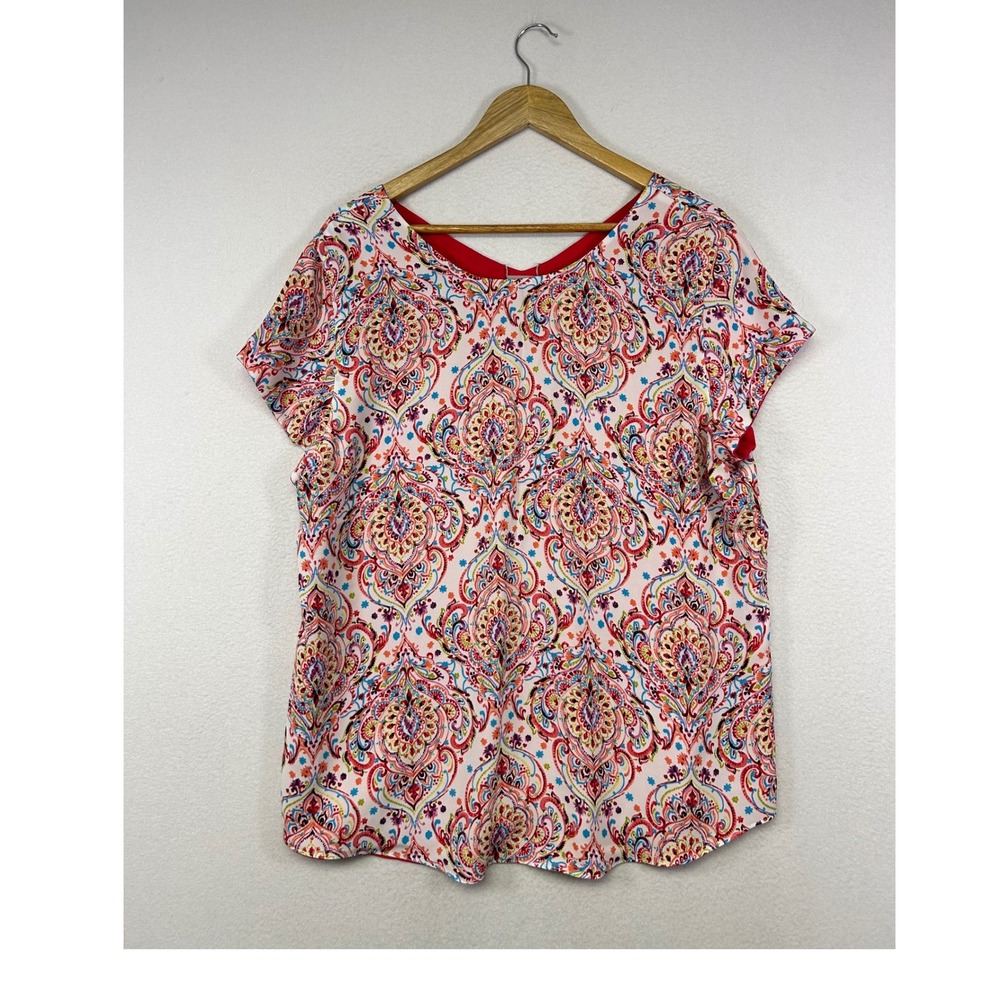 Boho Chico's Women Size 2 L 12/14 Red Paisley Medallion Layered Short Sleeve Top
